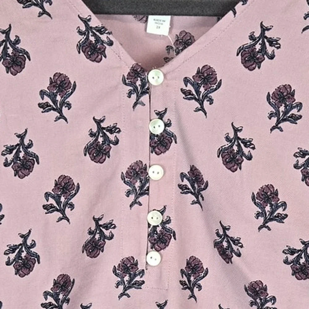 Pure Jill Pink Organic Cotton Top 2X V-Neck ButtonTop Floral Cottage Casual NWT